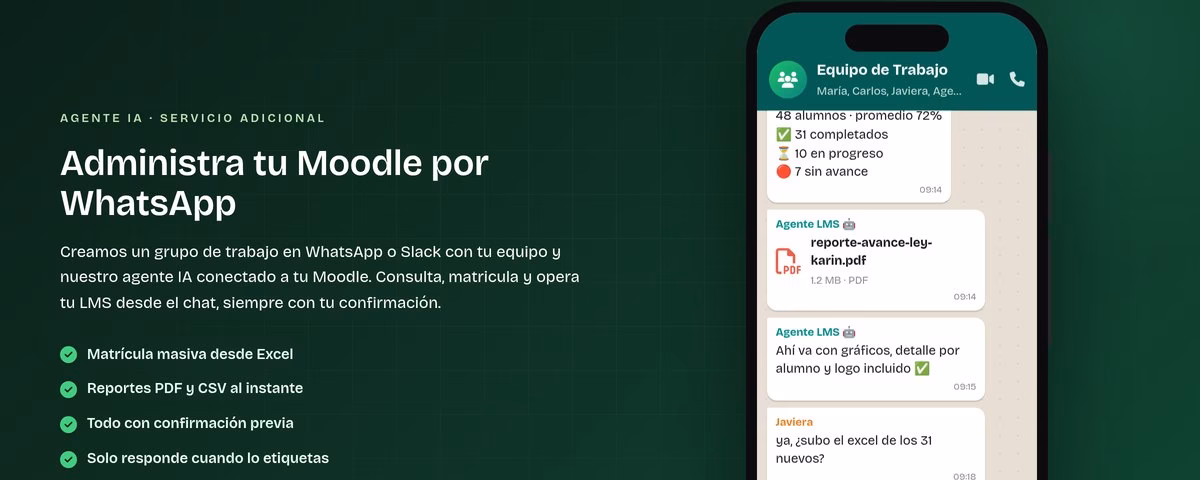 Demo del agente de WhatsApp para OTEC y OTIC: grupo de trabajo donde el equipo administra su Moodle desde el chat